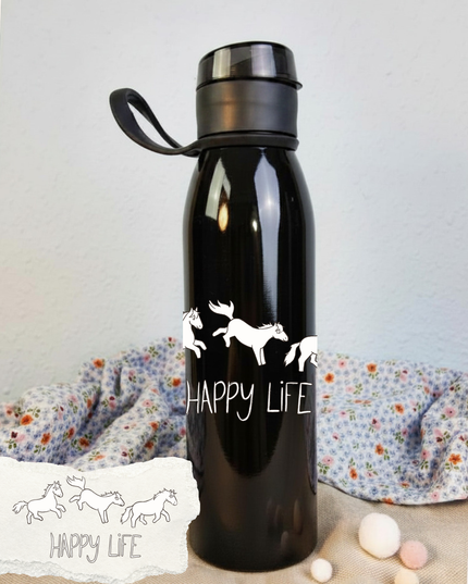 Trinkflasche mit Pferdemotiv "Happy Life" – 650ml