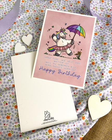 Geburtstagskarte / Postkarte "Happy Birthday Regenbogeneinhorn"
