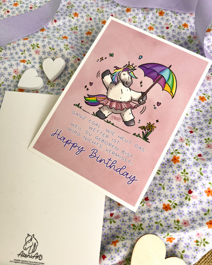 Geburtstagskarte / Postkarte "Happy Birthday Regenbogeneinhorn"
