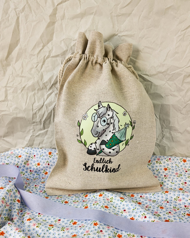 Geschenkbeutel mit Pferdemotiv "Endlich Schulkind" – Baumwolle