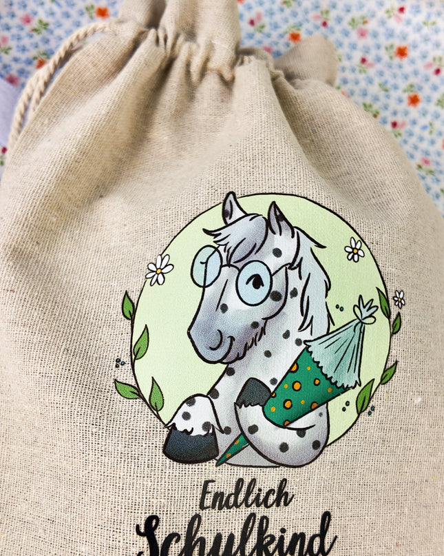 Geschenkbeutel mit Pferdemotiv "Endlich Schulkind" – Baumwolle