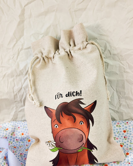 Geschenkbeutel mit Pferdemotiv "Für dich!" – Baumwolle