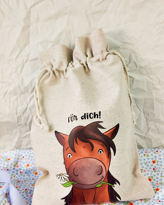 Geschenkbeutel mit Pferdemotiv "Für dich!" – Baumwolle