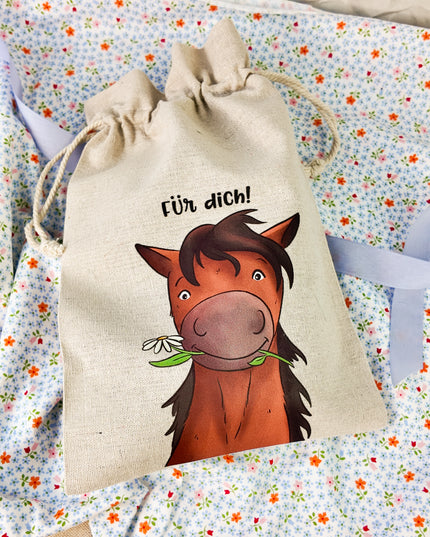 Geschenkbeutel mit Pferdemotiv "Für dich!" – Baumwolle