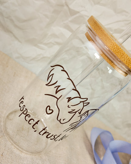 Trinkglas mit Pferdemotiv "respect, trust, love" – 470ml Borosilikatglas
