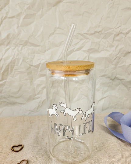 Trinkglas mit Pferdemotiv "Happy Life" – 470ml Borosilikatglas