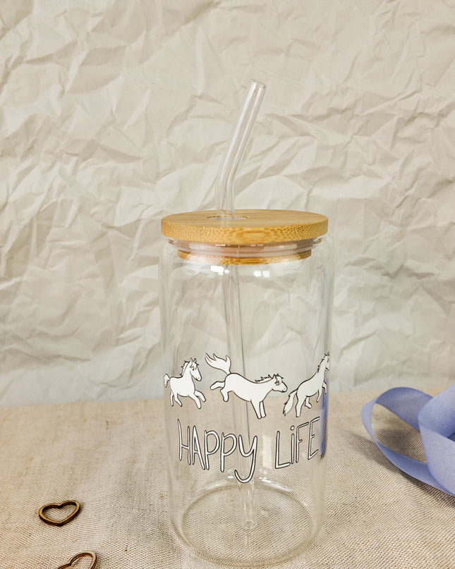 Trinkglas mit Pferdemotiv "Happy Life" – 470ml Borosilikatglas