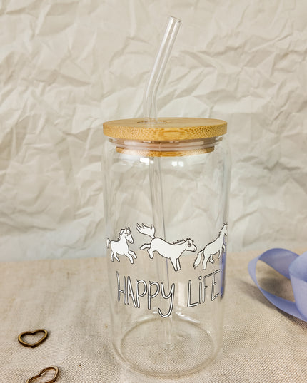 Trinkglas mit Pferdemotiv "Happy Life" – 470ml Borosilikatglas
