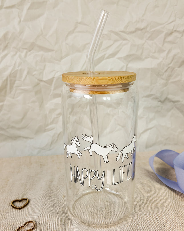 Trinkglas mit Pferdemotiv "Happy Life" – 470ml Borosilikatglas
