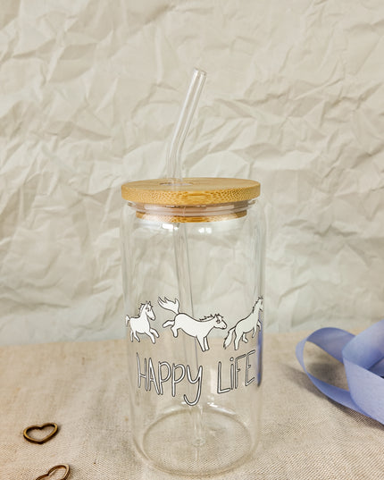 Trinkglas mit Pferdemotiv "Happy Life" – 470ml Borosilikatglas