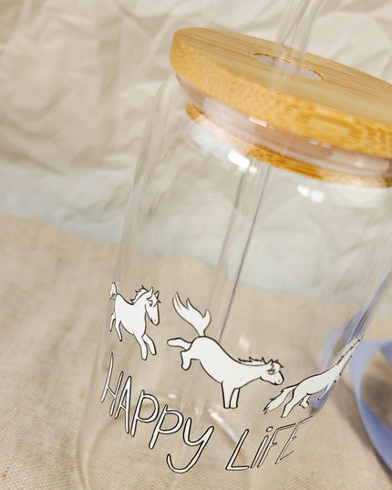 Trinkglas mit Pferdemotiv "Happy Life" – 470ml Borosilikatglas