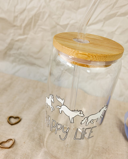 Trinkglas mit Pferdemotiv "Happy Life" – 470ml Borosilikatglas