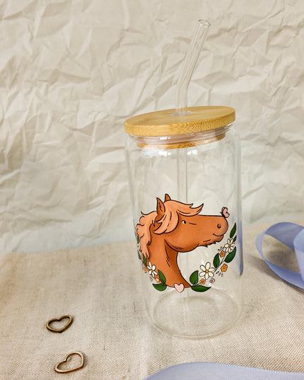 Trinkglas mit Pferdemotiv "Schmetterlingspony" – 470ml Borosilikatglas