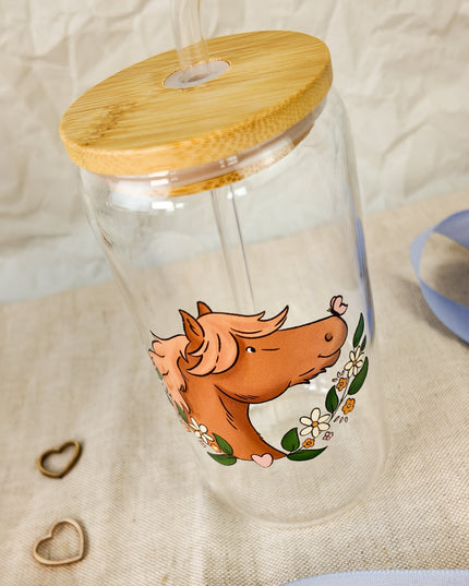 Trinkglas mit Pferdemotiv "Schmetterlingspony" – 470ml Borosilikatglas