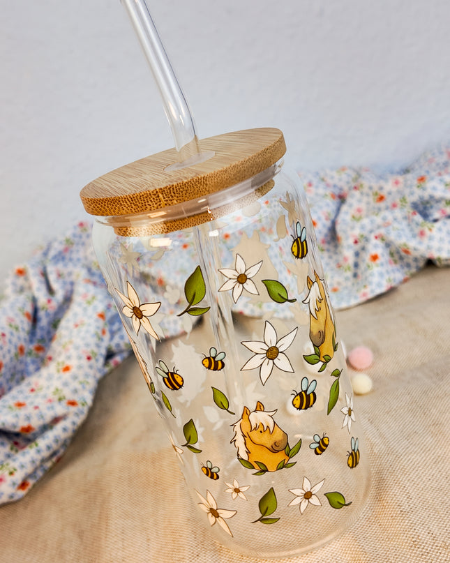Trinkglas mit Pferdemotiv "Bee Happy" – 470ml Borosilikatglas