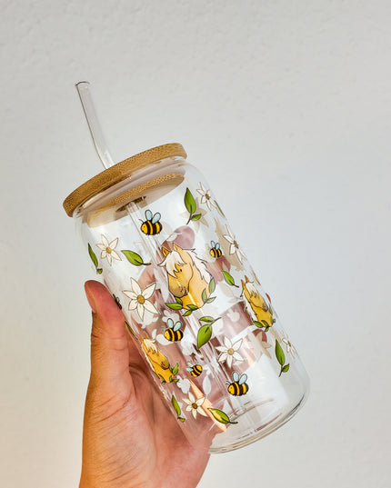 Trinkglas mit Pferdemotiv "Bee Happy" – 470ml Borosilikatglas
