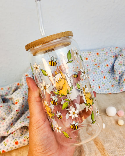 Trinkglas mit Pferdemotiv "Bee Happy" – 470ml Borosilikatglas