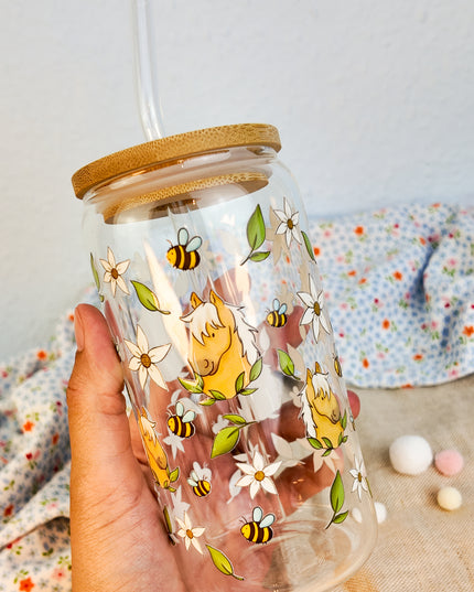 Trinkglas mit Pferdemotiv "Bee Happy" – 470ml Borosilikatglas