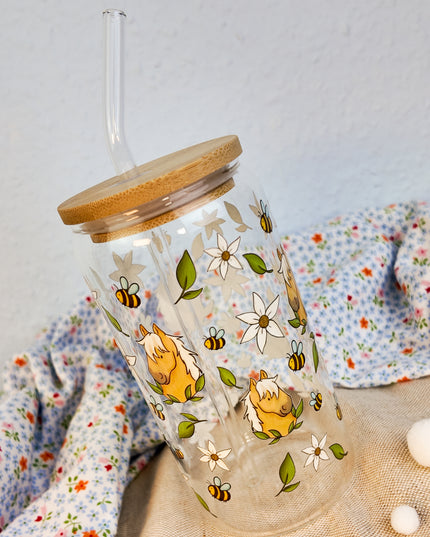 Trinkglas mit Pferdemotiv "Bee Happy" – 470ml Borosilikatglas