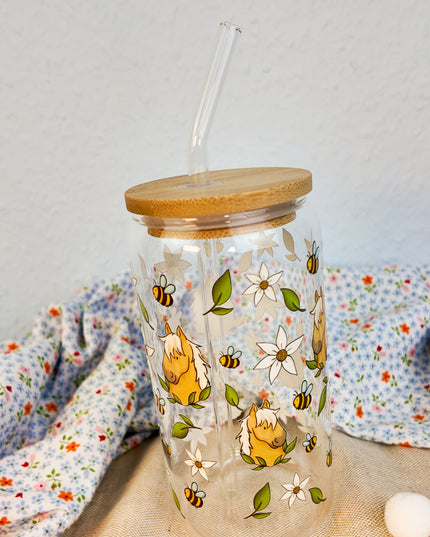 Trinkglas mit Pferdemotiv "Bee Happy" – 470ml Borosilikatglas