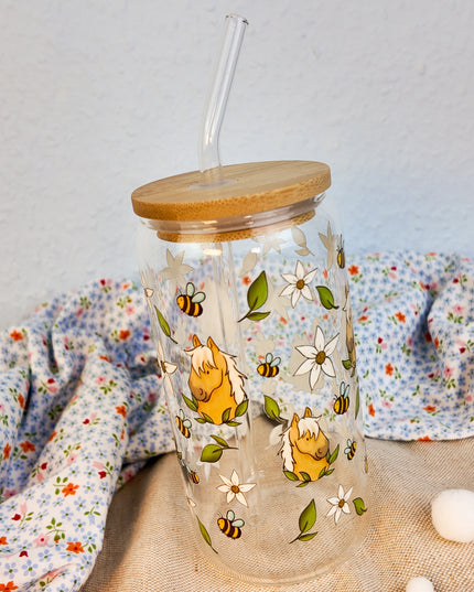 Trinkglas mit Pferdemotiv "Bee Happy" – 470ml Borosilikatglas
