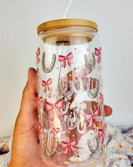 Trinkglas mit Pferdemotiv "Schleifen" – 470ml Borosilikatglas