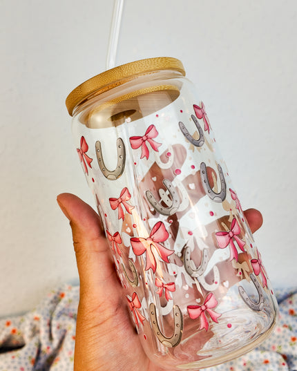 Trinkglas mit Pferdemotiv "Schleifen" – 470ml Borosilikatglas