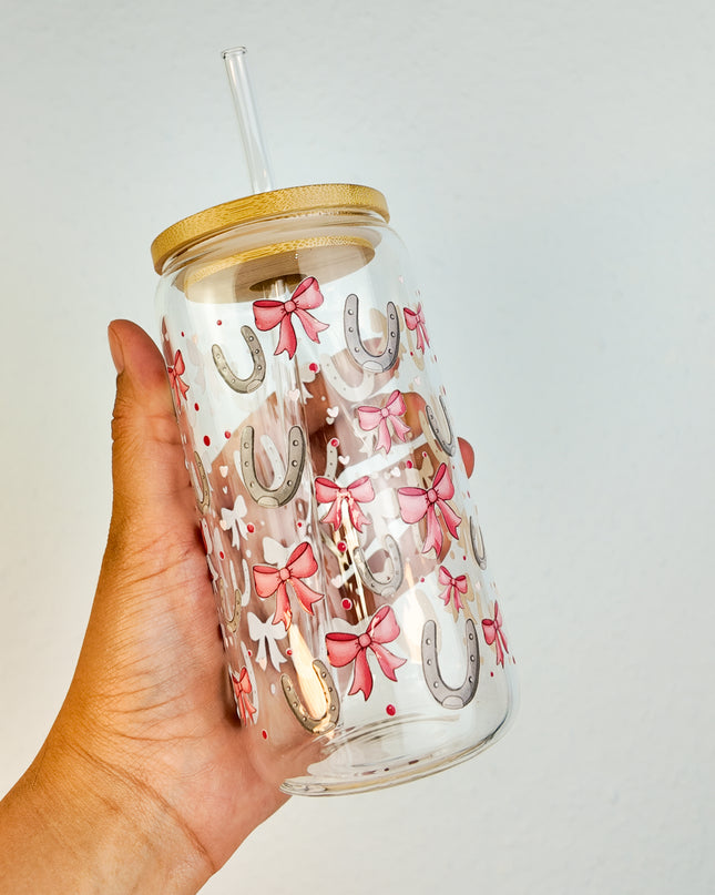 Trinkglas mit Pferdemotiv "Schleifen" – 470ml Borosilikatglas