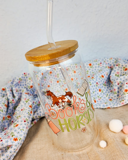 Trinkglas mit Pferdemotiv "Books & Horses" – 470ml Borosilikatglas