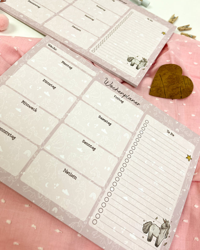 Wochenplaner Einhorn – rosa A5 Block, 25 Blatt