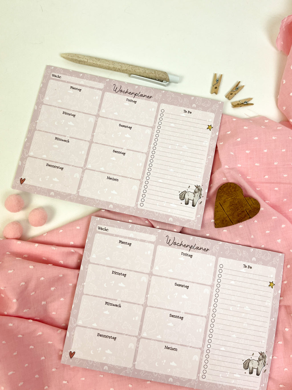Wochenplaner Einhorn – rosa A5 Block, 25 Blatt