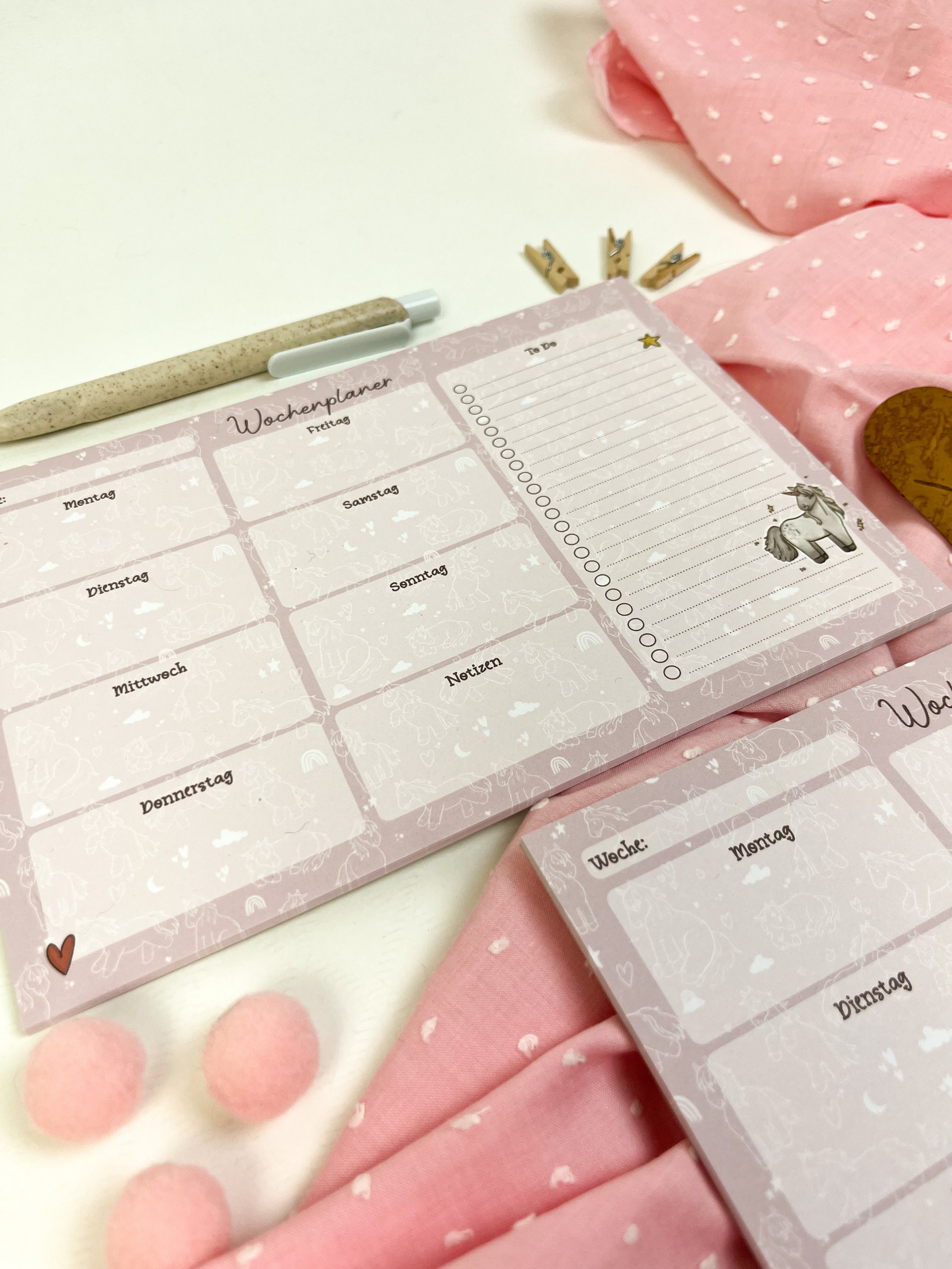Wochenplaner Einhorn – rosa A5 Block, 25 Blatt