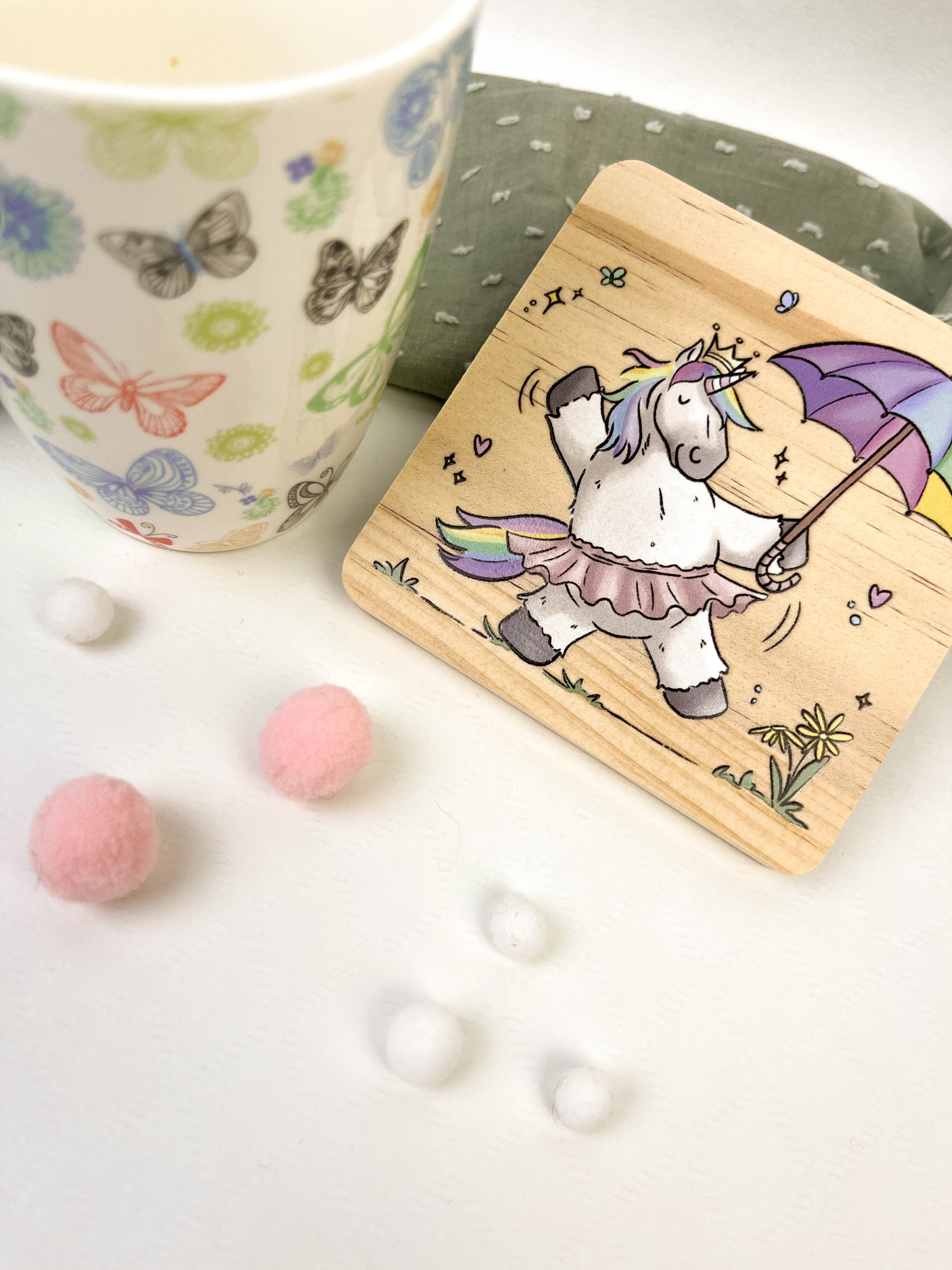 Holzuntersetzer Regenbogeneinhorn