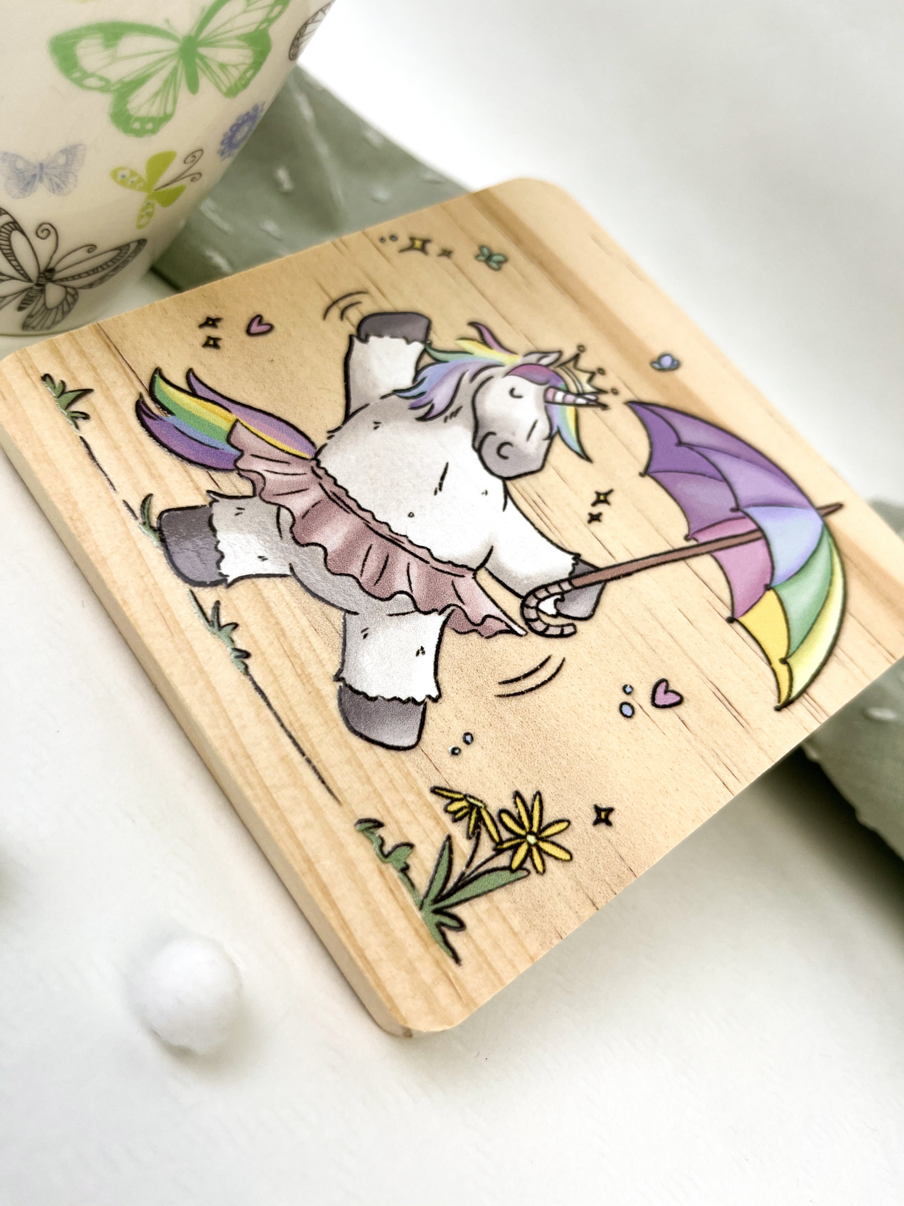 Holzuntersetzer Regenbogeneinhorn