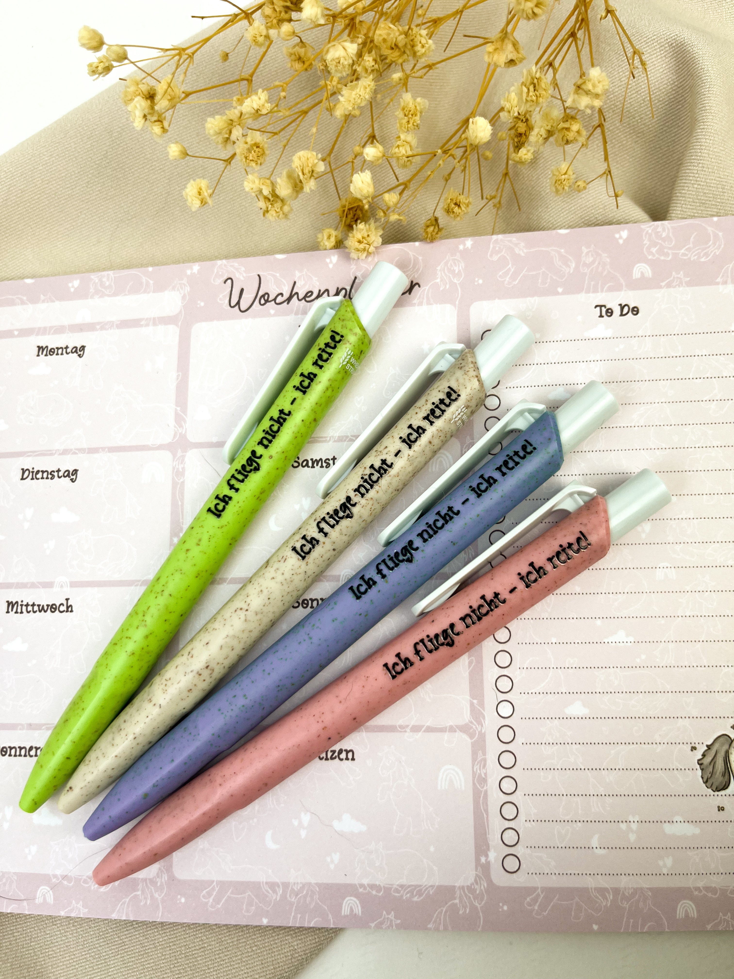 Kugelschreiber aus Stroh-Kunststoff "Ich fliege nicht. Ich reite!"