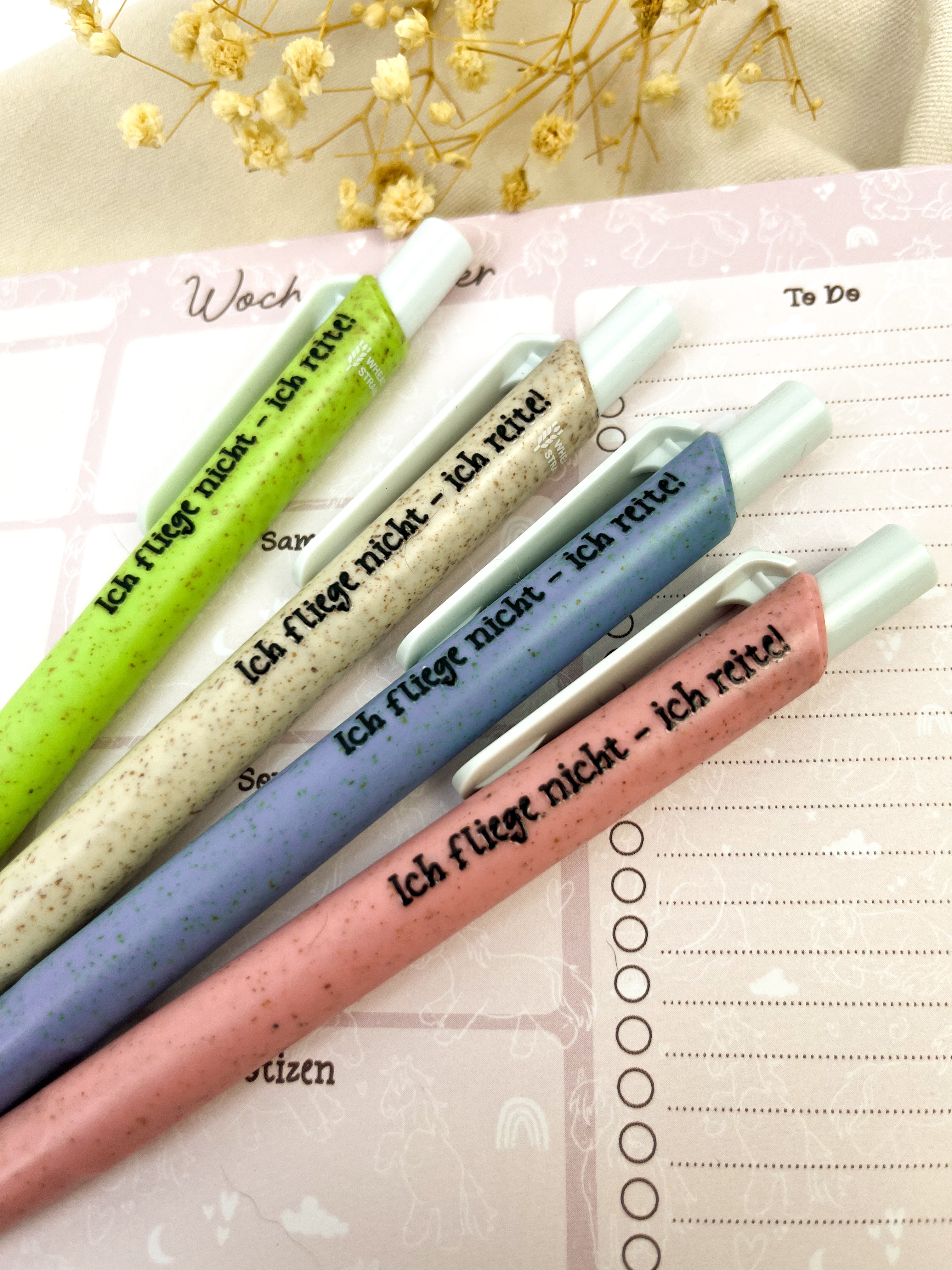 Kugelschreiber aus Stroh-Kunststoff "Ich fliege nicht. Ich reite!"